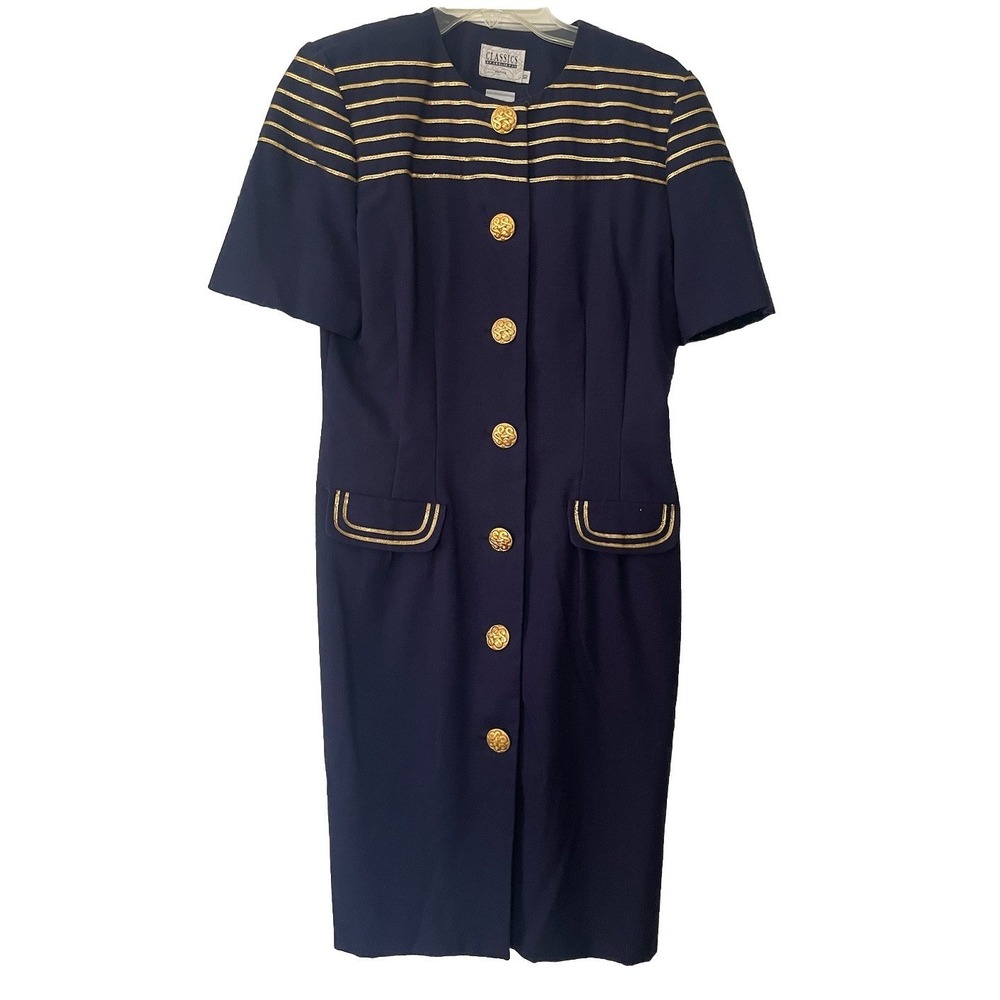 Leslie Fay Size 10P Vintage Navy Blue With Gold Accents Women's Dress Made In US